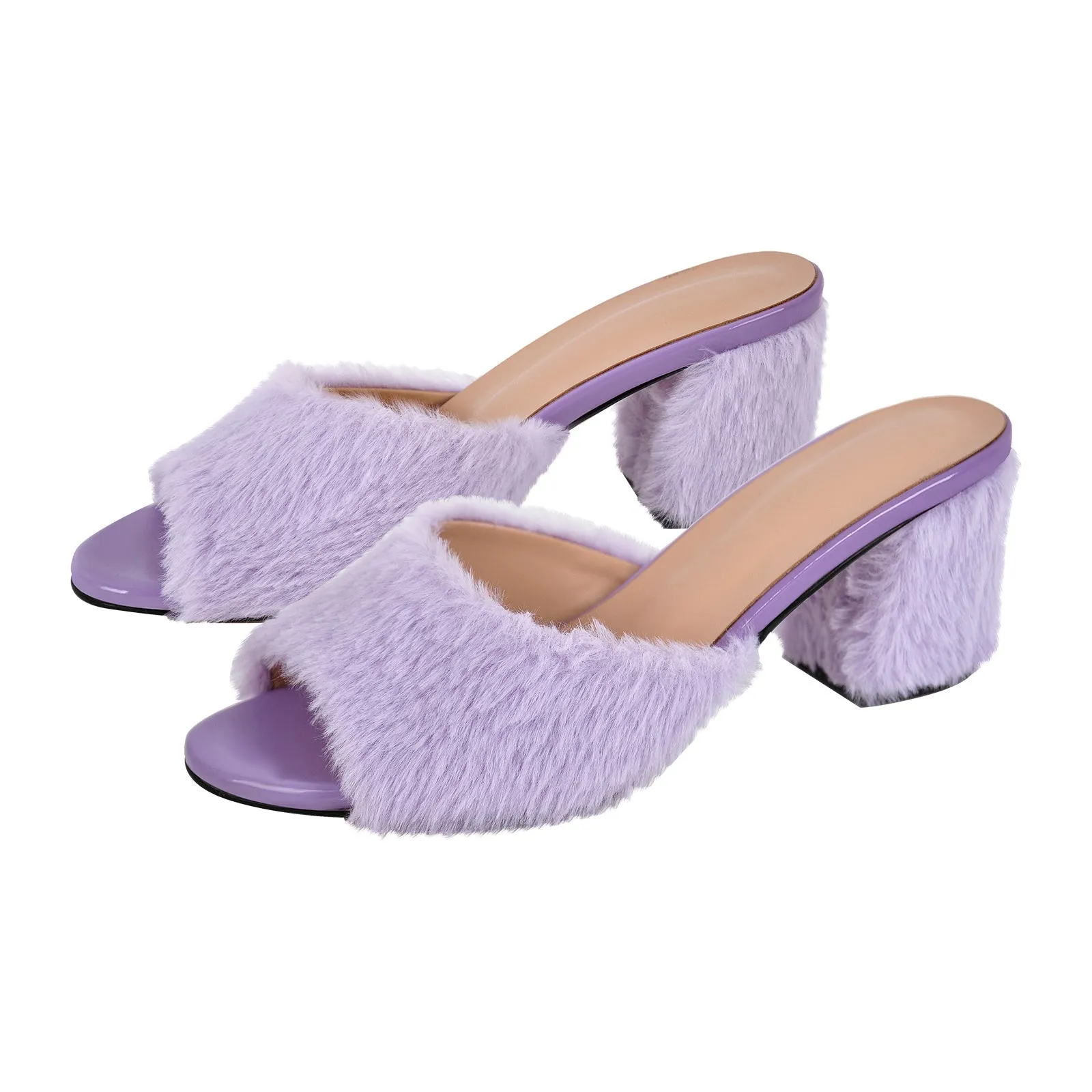 Round Toe Chunky Heel Fur Sandals Mules