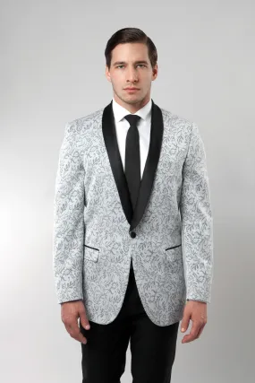 Silver Damask Patterned Shawl Lapel Slim Fit Blazer