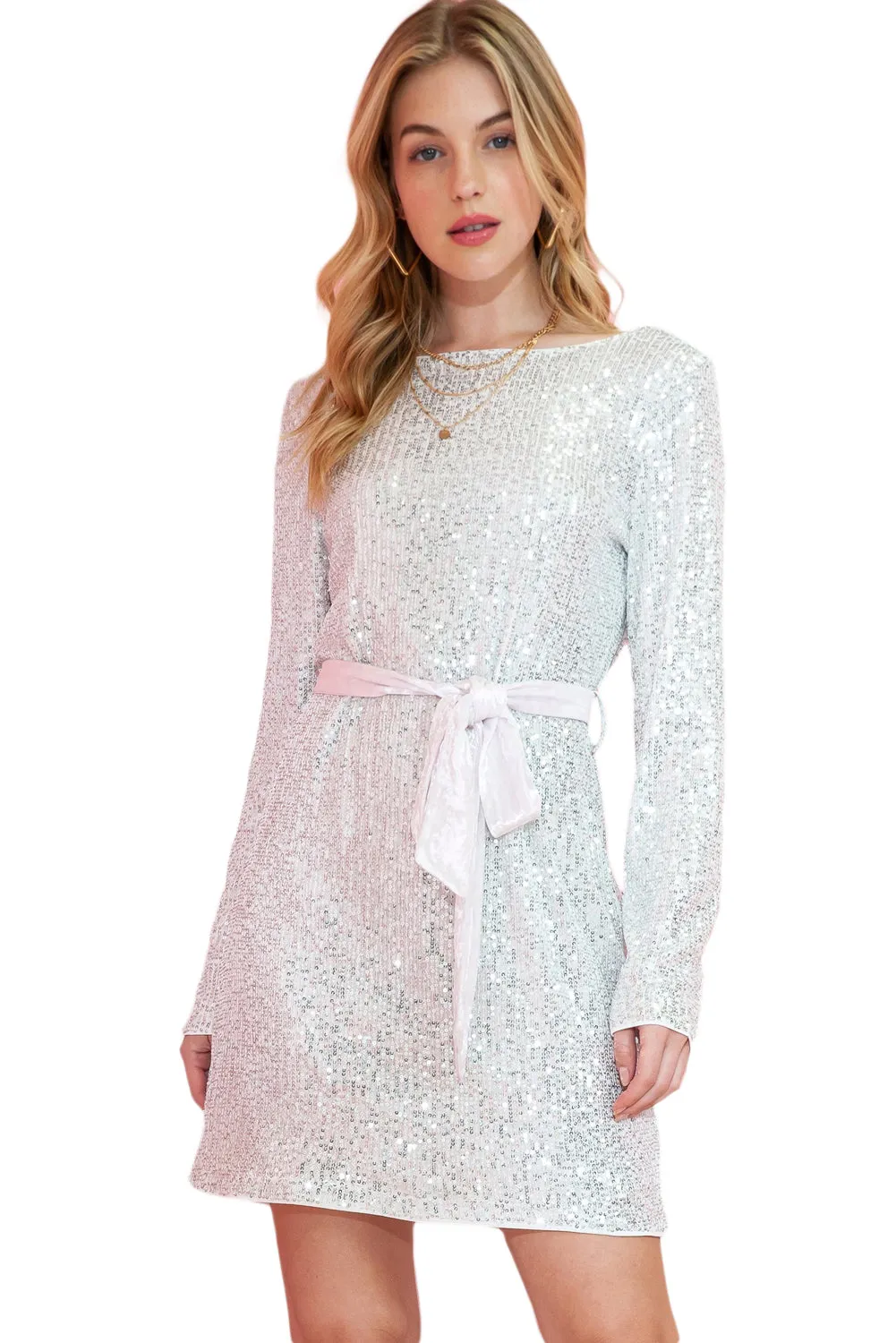 Silvery Sequin Long Sleeve Tie Waist Mini Dress