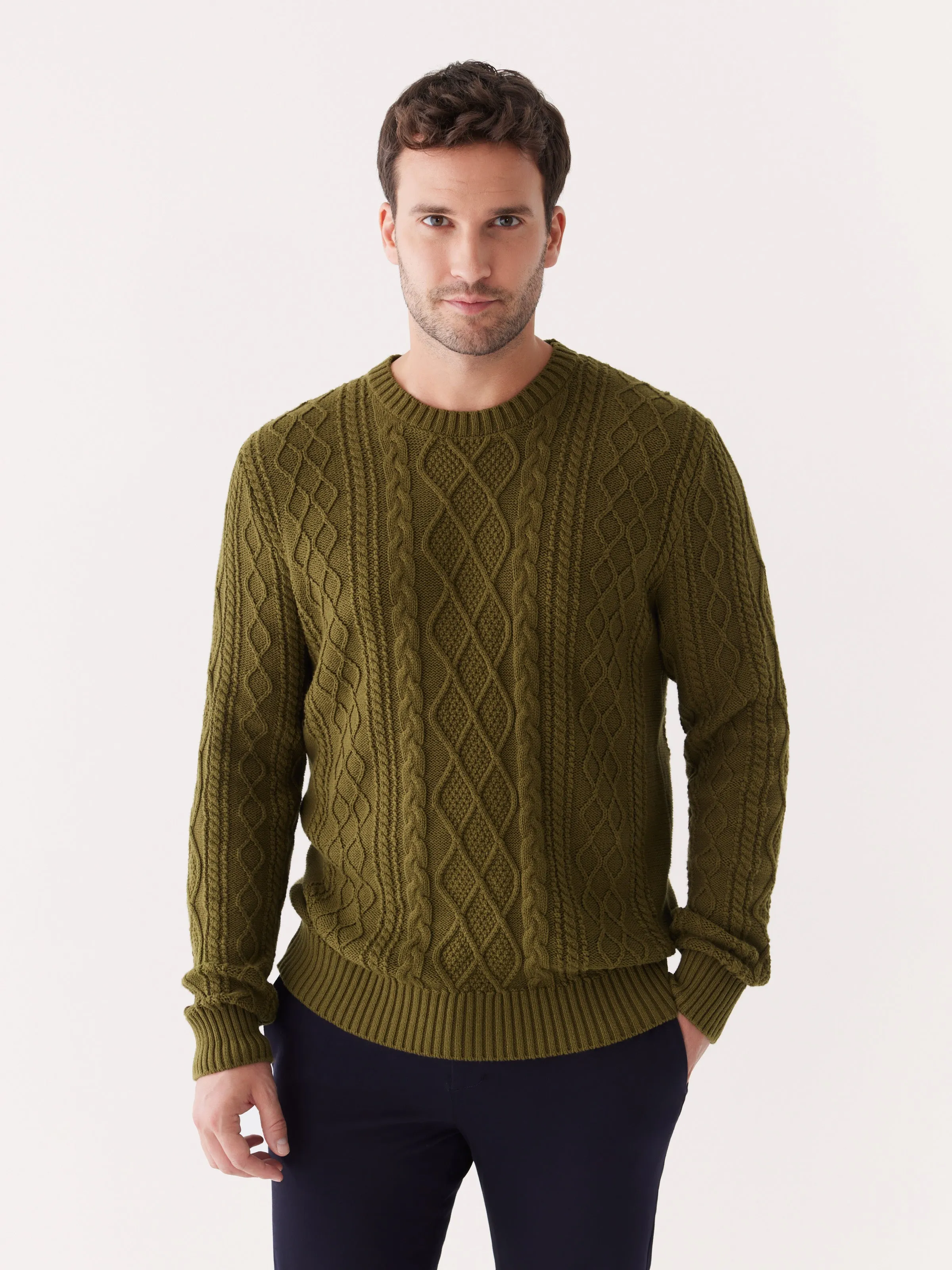 The Organic Cotton Cable Sweater in Dark Olive