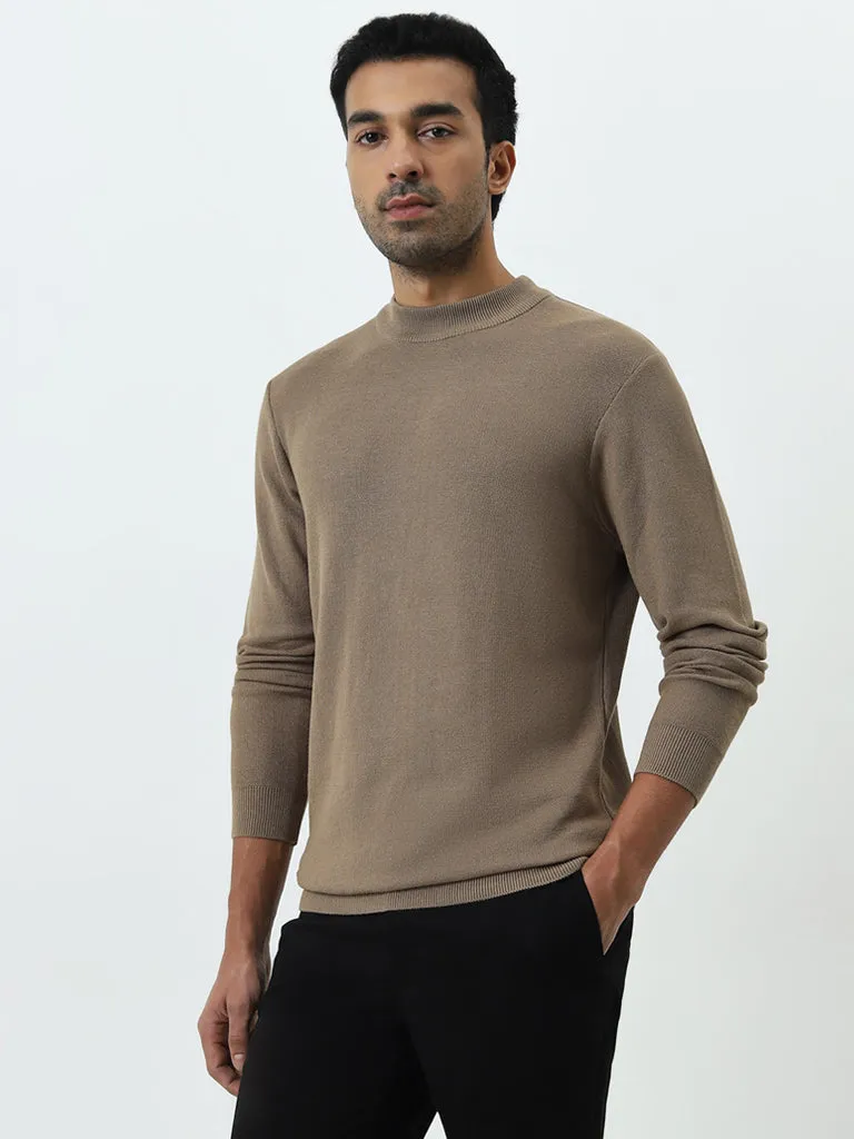 WES Formals Dark Beige Knitted Slim-Fit Sweater