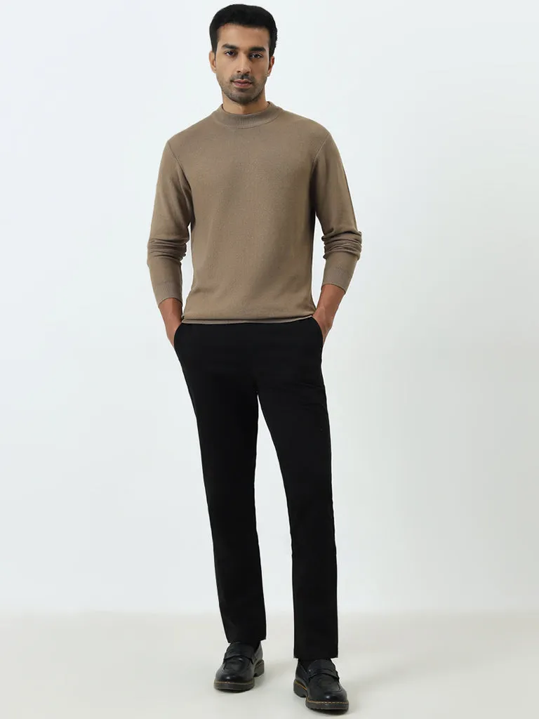 WES Formals Dark Beige Knitted Slim-Fit Sweater