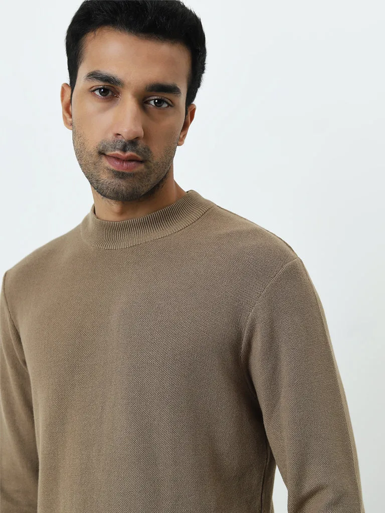 WES Formals Dark Beige Knitted Slim-Fit Sweater