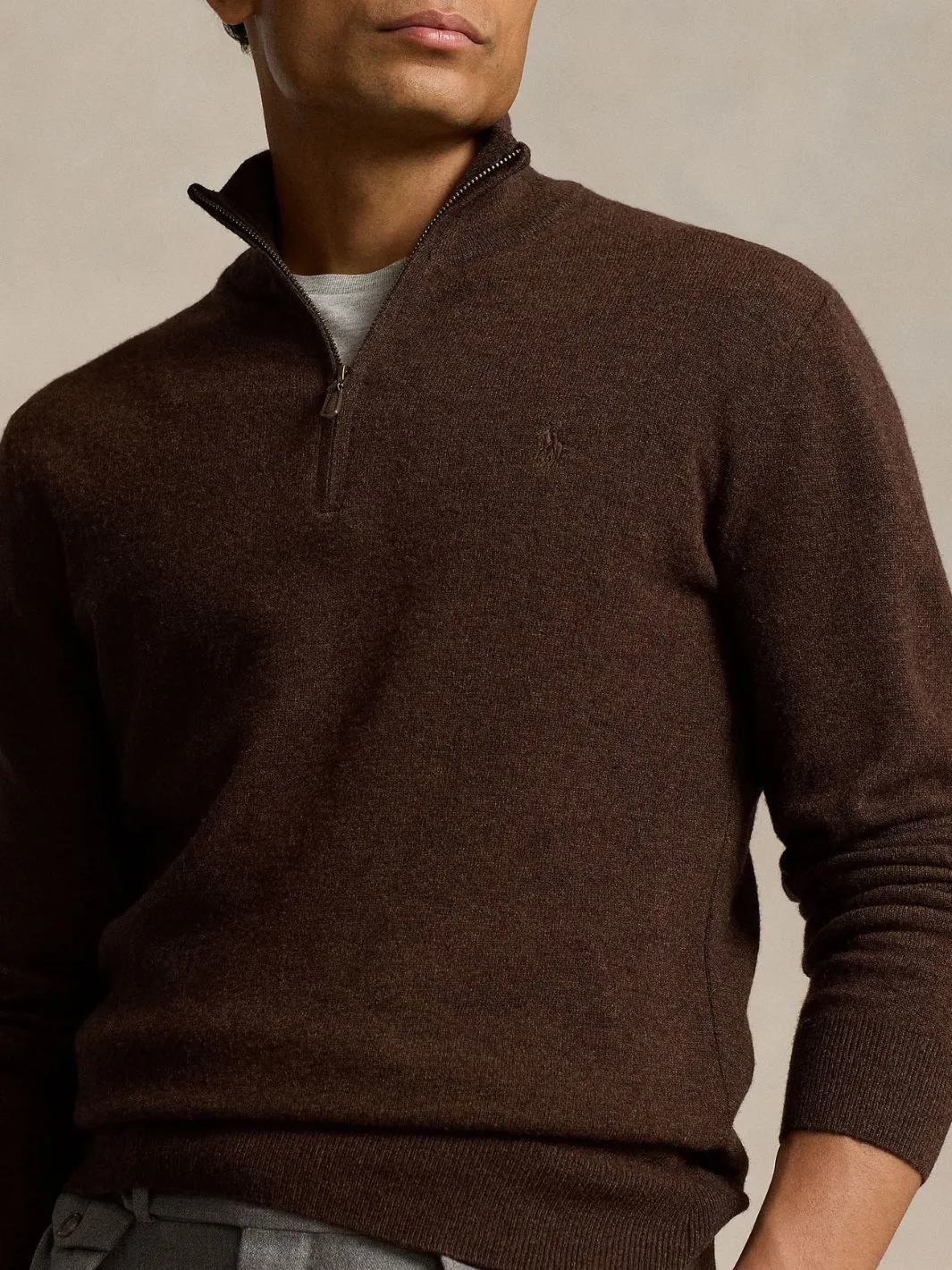 WOOL QUARTER-ZIP SWEATER Brun