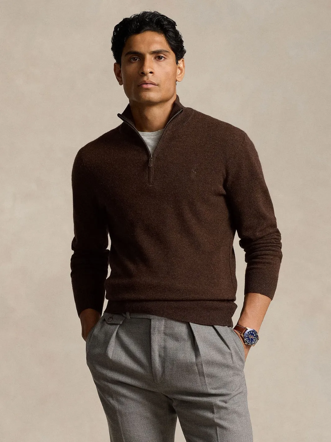 WOOL QUARTER-ZIP SWEATER Brun