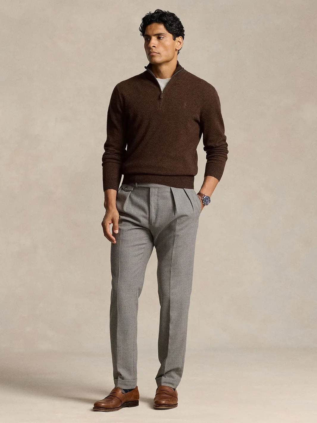 WOOL QUARTER-ZIP SWEATER Brun